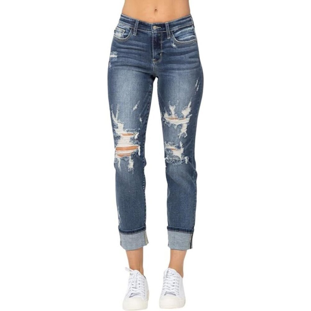 Women's Mid-Rise Cuffed Destroy Boyfriend Jeans Cotton Blend Relaxed Fit